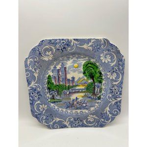 Vintage British Anchor Pottery Co. Square Blue Canal Scene Decorative Plate